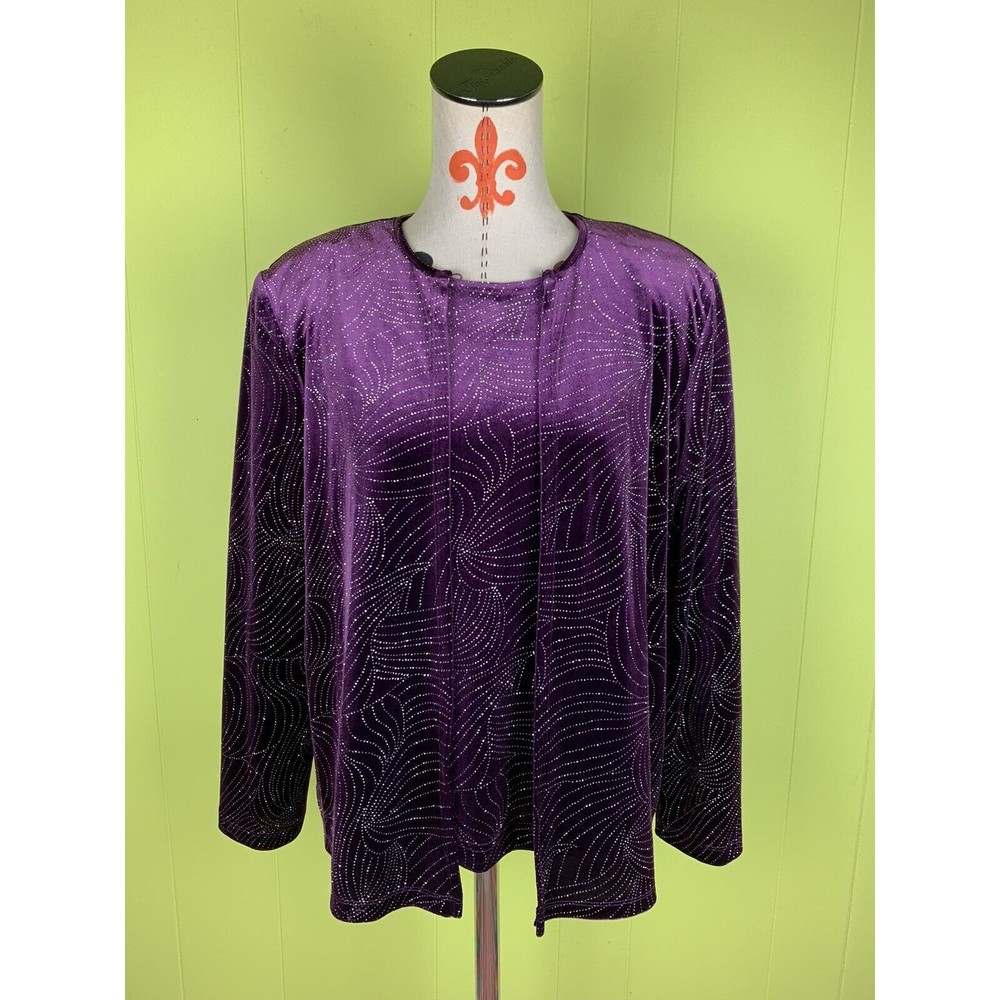 Vintage N Touch Women's M Set 2 Pc Purple Velour Top + Cardigan Pailette